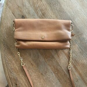 Tory Birch Crossbody Fold over Brown Pebbled Leather Bag Pocketbook